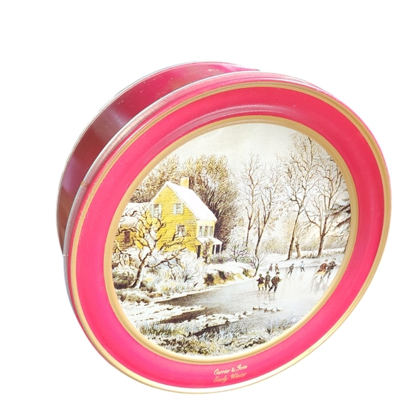 Vintage Sunshine Bakers Currier & Ives Early Winter Large Cookie Tin 3.5"HX10"D - Picture 3 of 10